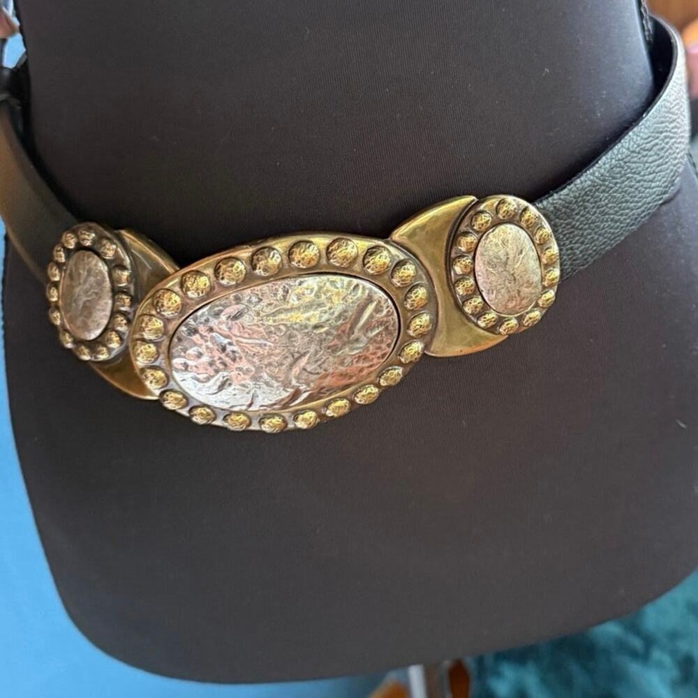 Chicos Black Genuine Leather Adjustable Concho Belt M/L Boho-Chic Southwest